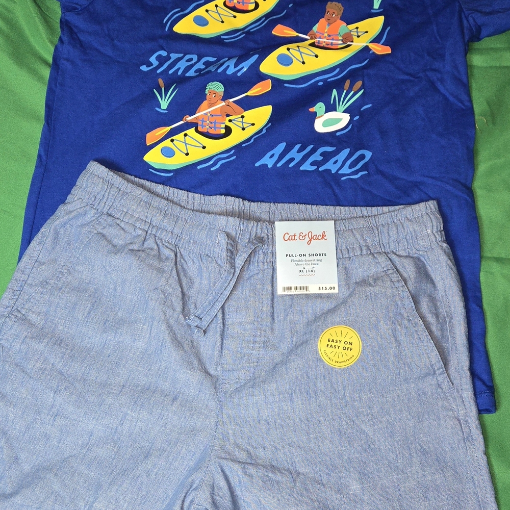 Cat & Jack Boys' Light Blue Pull-On Shorts Anf Surf T-shirt Bundle